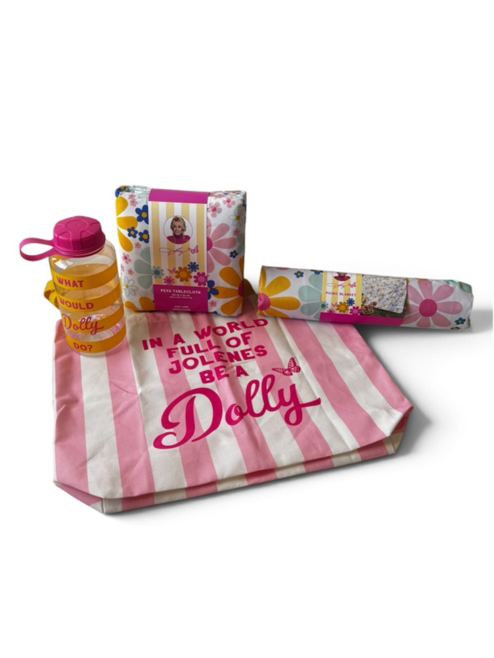 Dolly Parton Pink 4pc Set Canvas Tote Picnic Blanket Tablecloth Water Bottle NEW